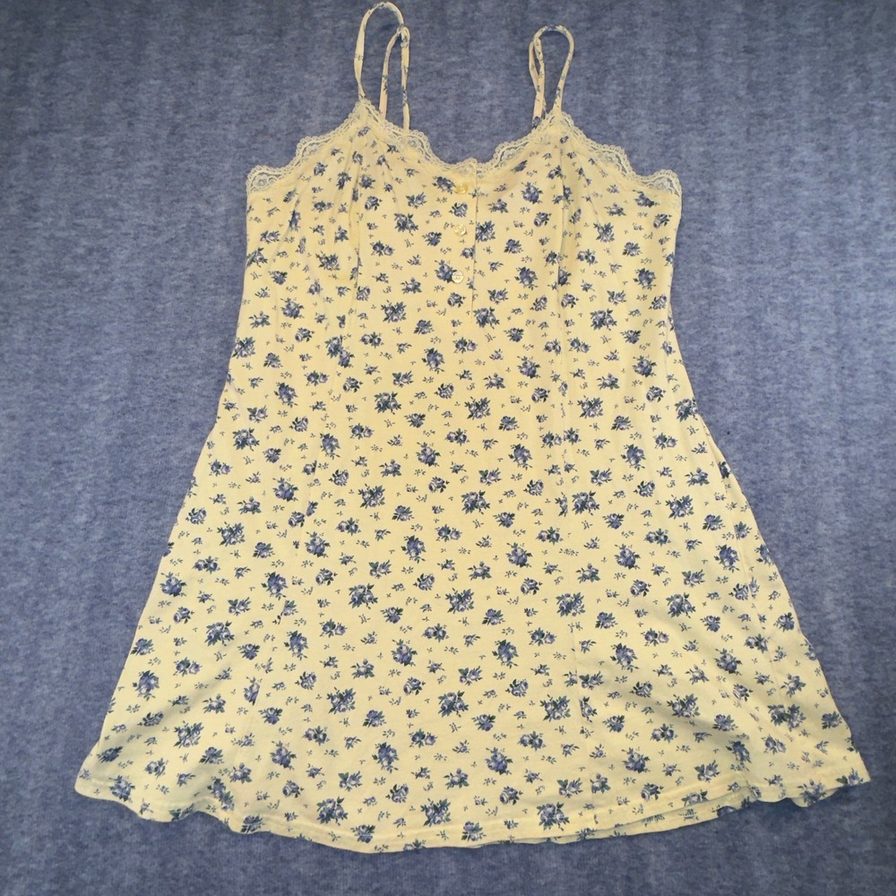 Vintage Victorias Secret Floral Slip Dress Yellow Blue Lace Trim Henley Medium